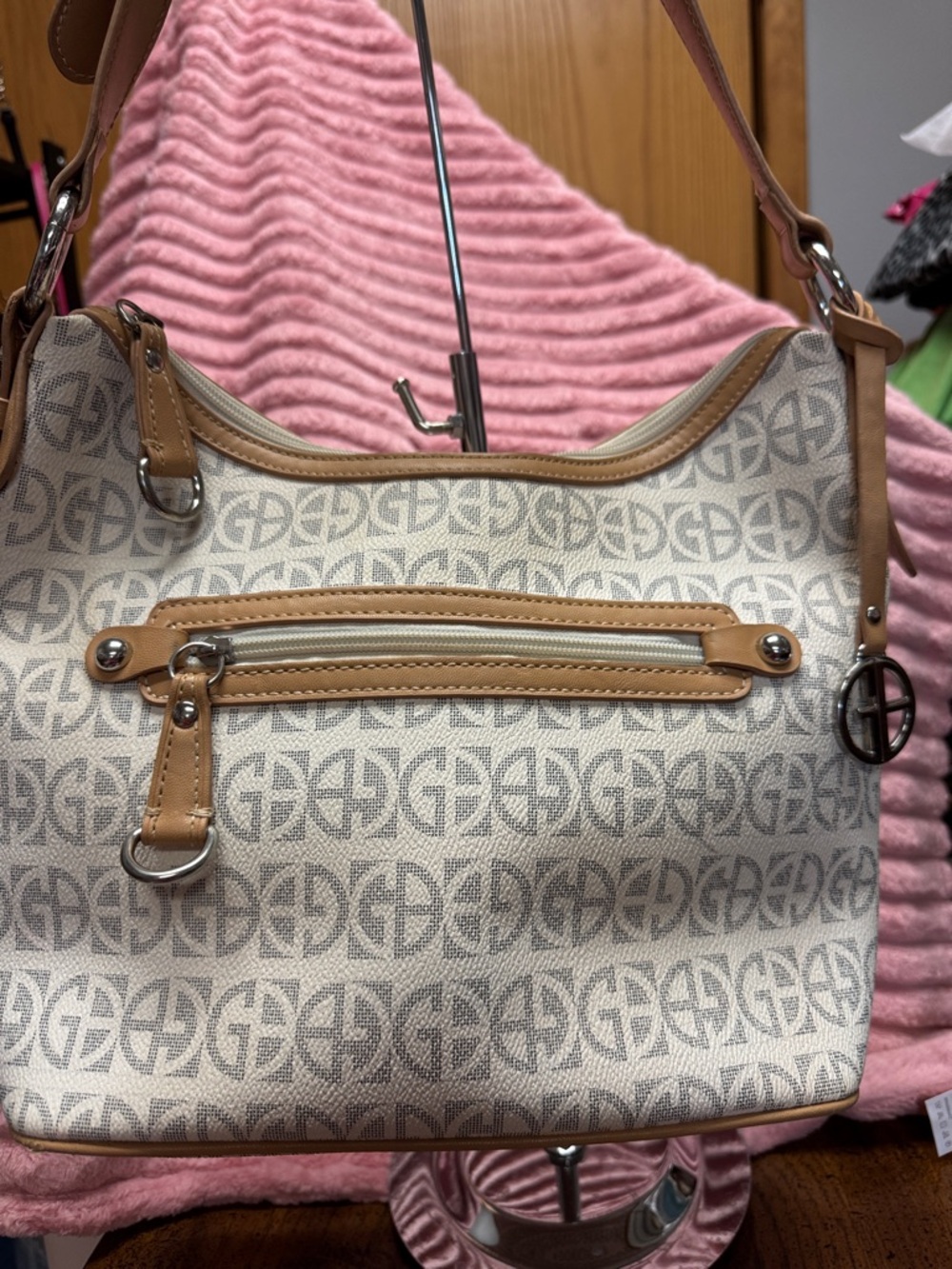 Giani Bernini Ivory Logo-Print Shoulder Bag with Tan Trim